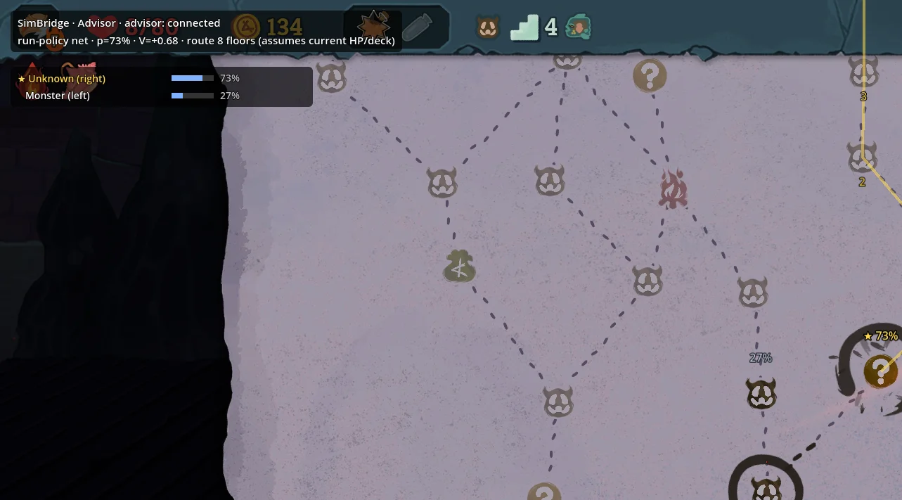 The real game's map with the advisor panel recommending the right-hand unknown room at 73% over a monster room at 27%