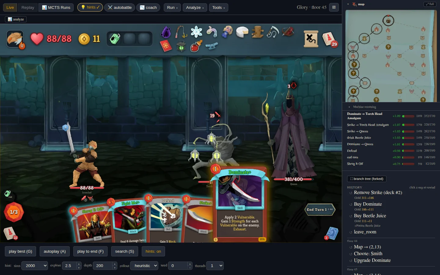 The browser workbench in the act-3 boss fight (Ironclad vs the Queen, floor 45): the best card, Dominate+, carries a 95% win badge, and the machine-reasoning panel ranks every legal move by value and visits.